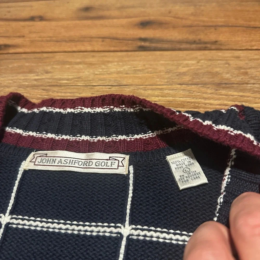 Vintage John Ashford Navy Blue Grid Golf V-Neck Sweater Mens Large